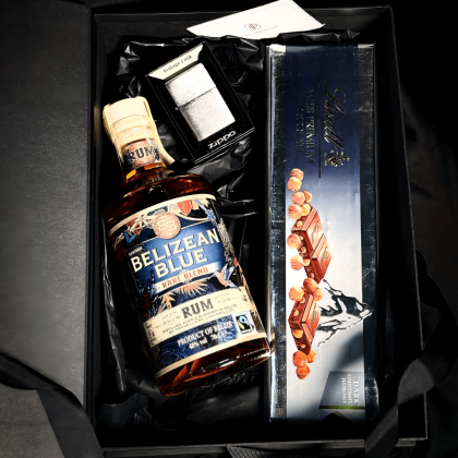 Gift Box Belizean Blue Rare + Lindt Silver Dark Hazelnut + Zippo